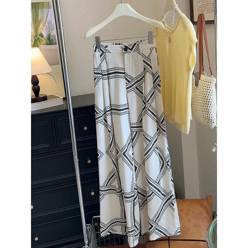 

Holiday wind relaxation wearing apricot print mopping straight pants women s summer new thin meat-covering trousers M