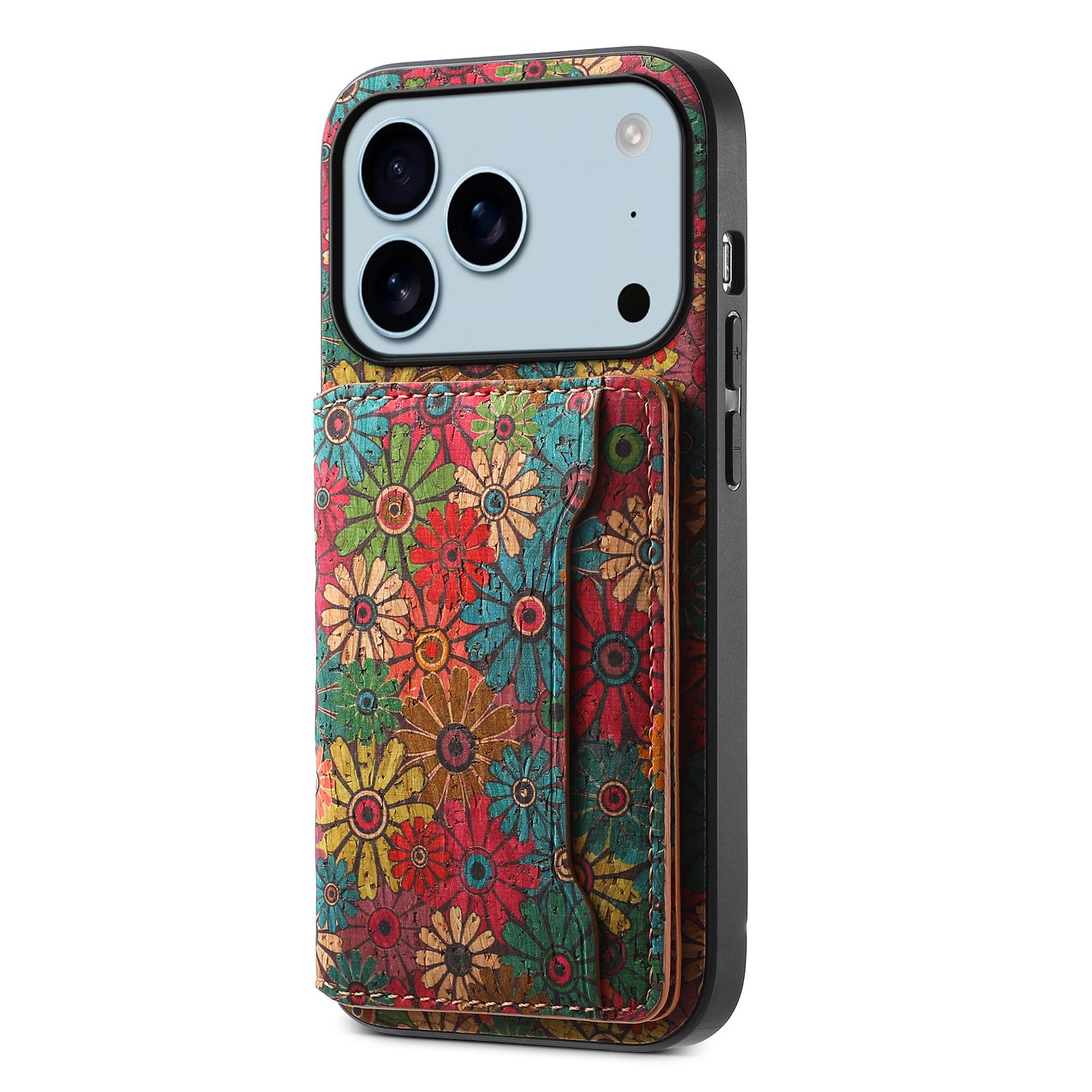 

For iPhone 17 Pro Case Flower Print Leather+PC+TPU Cover with Card Holder Kickstand Spring/Green