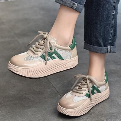 Damenschuhe mit Schnürung und dicker Sohle, echtes Leder, atmungsaktive Mesh-Sneaker, lässige, bequeme Plateauschuhe