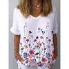 Summer V-neck 3D Flower Printed Top Fashionable Casual Short Sleeved Women's T-shirts