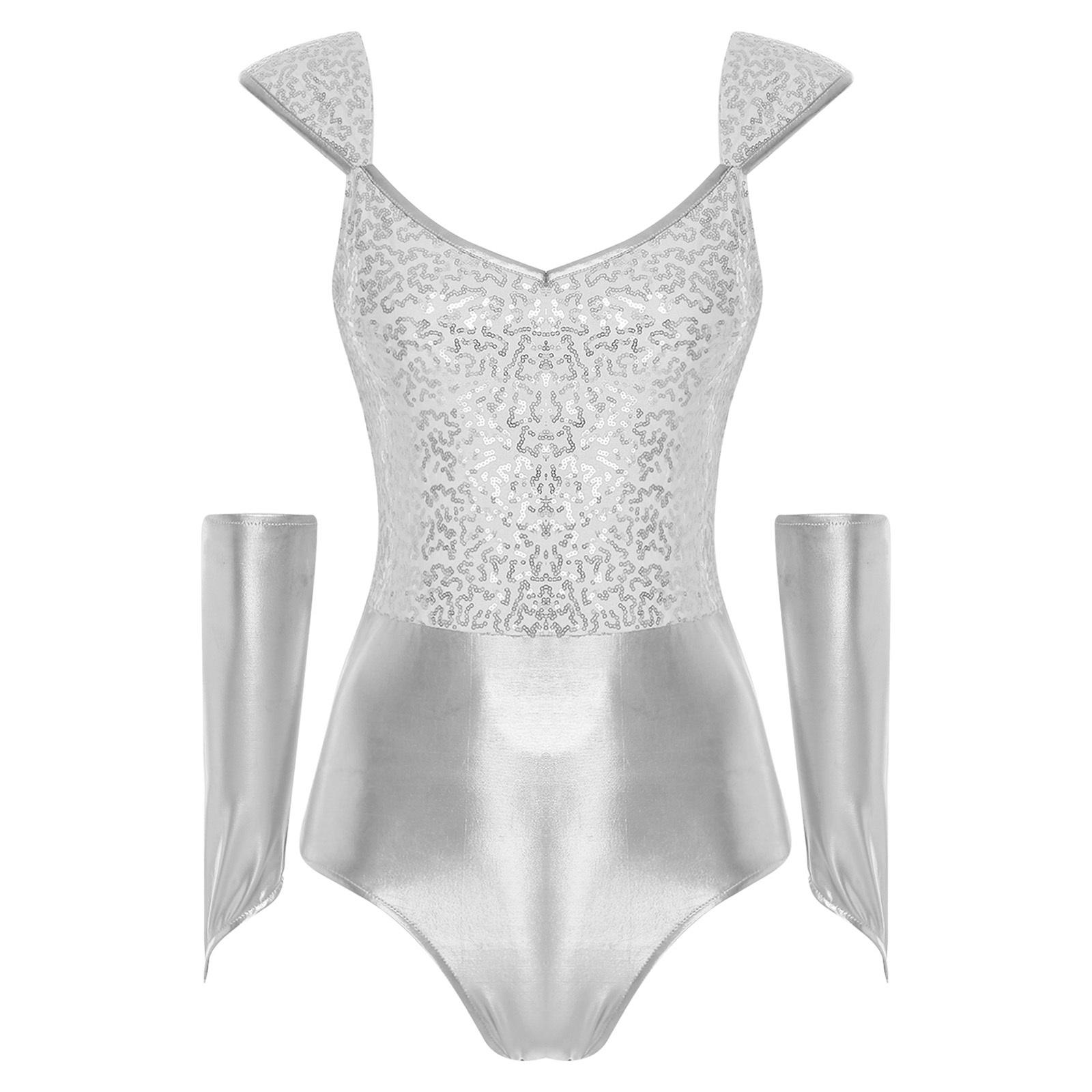 

Жіночий блискучий боді з паєтками, металізований, блискучий, зі знімними рукавами, печворк, облягаючий леотард, клубний одяг, костюм на Хелловін 3XL срібний
