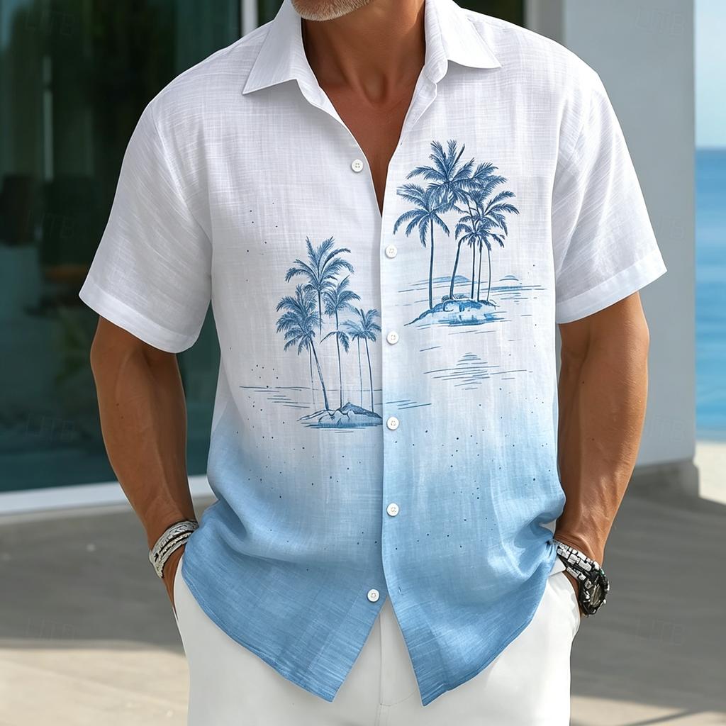Men's Blue Sea Turtle Gradient Print Short Sleeve Shirt Ocean Plant Casual Button Down Top for Spring & Summer