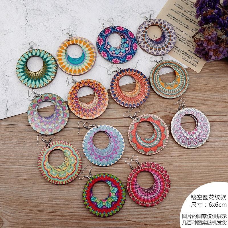 Bohemian vacation style wooden earrings retro personality exaggerated print earrings femininity long earrings