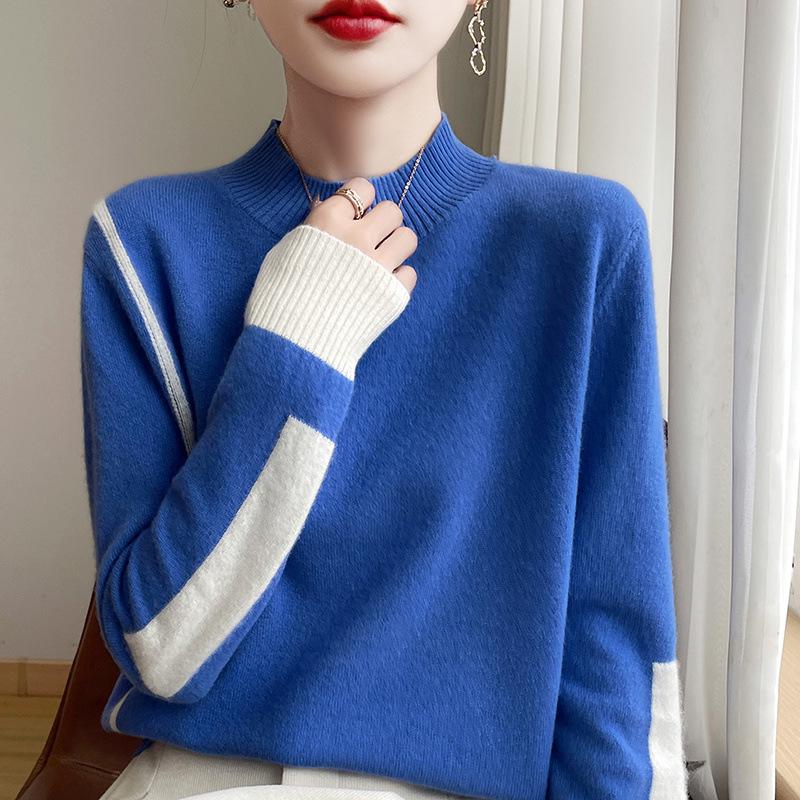 Women's Color Block Half-High Neck Wool Sweater, Skin-Friendly and Warm Knitwear for Autumn/Winter