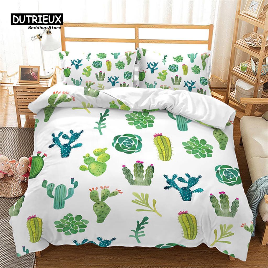 Cartoon Cactus Duvet Cover Spring Garden With Boho Style Bouquet of Thorny Plants Blossoms Decor 3 Piece Bedding Set Pillowcases