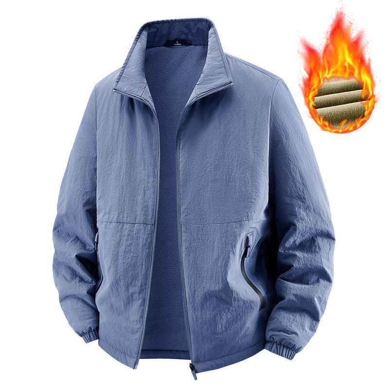 Men's Velvet-Lined Stand Collar Winter Jacket - Loose Fit, Plus Sizes Available