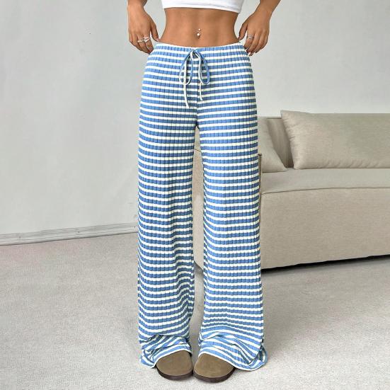 Women Pants Elastic Waist Adjustable Drawstring Striped Casual Wide Leg Trousers Design Loose Fit Daily