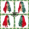 Synthetic Long Wavy Half Red Half Blue-Green Wigs with Bangs for Women Natural Curly Wig for Christmas Cosplay Party