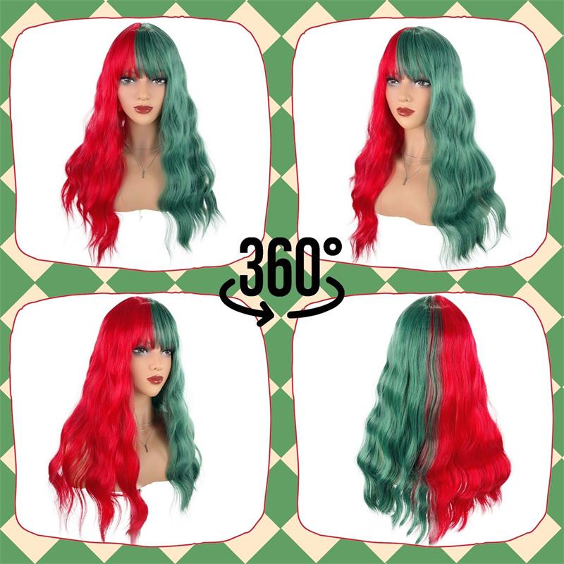 Synthetic Long Wavy Half Red Half Blue-Green Wigs with Bangs for Women Natural Curly Wig for Christmas Cosplay Party