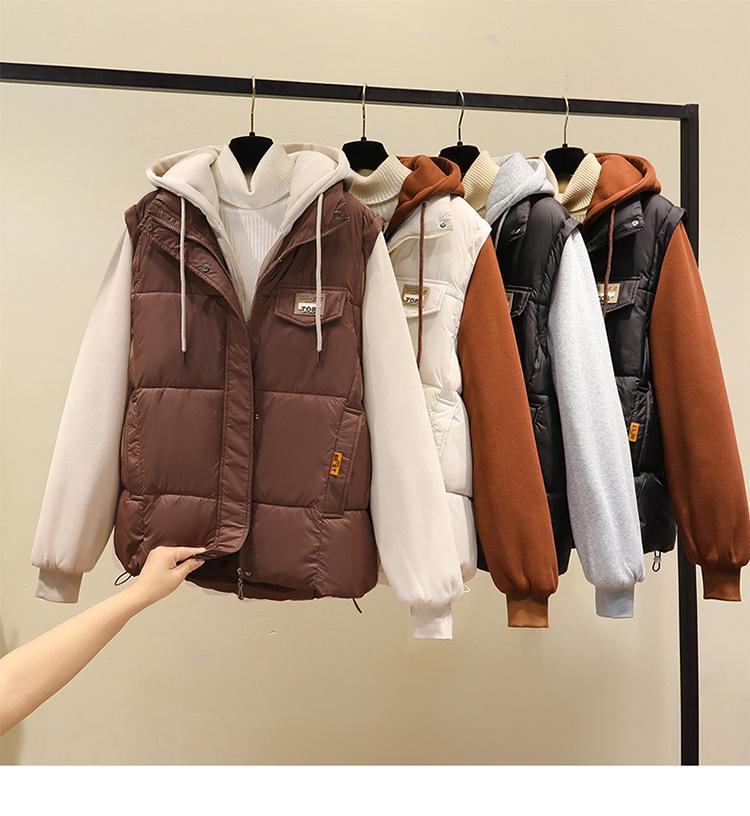 Splicing fake two-piece cotton jacket vest jacket women's autumn and winter new fashion foreign style hooded sweater jacket