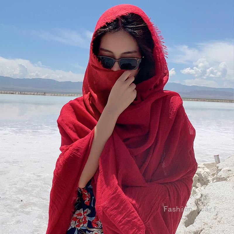 Big Red Po Cotton And Linen Scarf Desert Sunscreen Shawl Seaside Travel Beach Lady Decoration Cotton Scarf Women Luxury