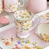 300ml Bone China Coffee Mugs- Blue Pink Elegant Floral Tea Mug with Gold Trim, Large Capacity Ceramic Cup for Coffee Tea and Milk for Home Office