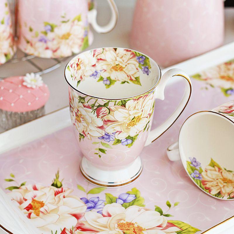 300ml Bone China Coffee Mugs- Blue Pink Elegant Floral Tea Mug with Gold Trim, Large Capacity Ceramic Cup for Coffee Tea and Milk for Home Office