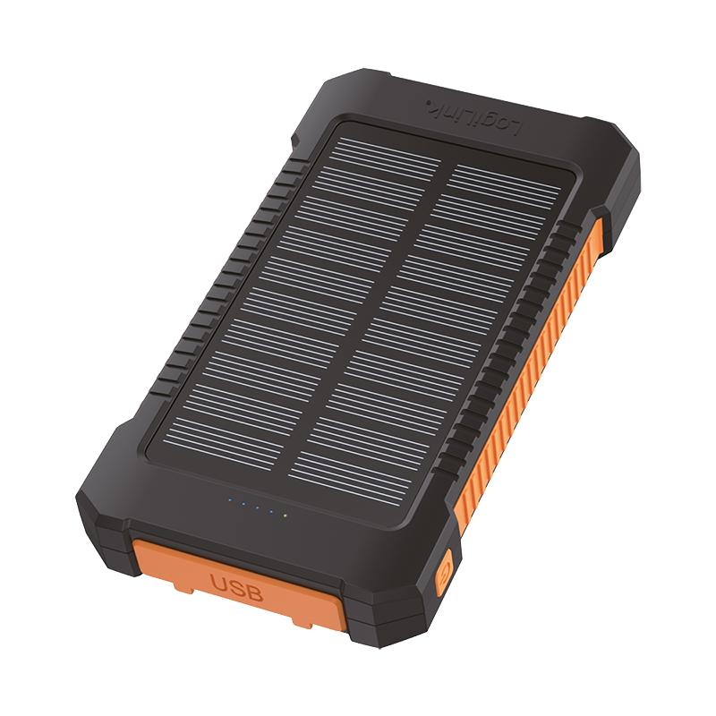 LogiLink 8000mAh Solar Power Bank - Orange, 2xUSB Flashlight, Camping