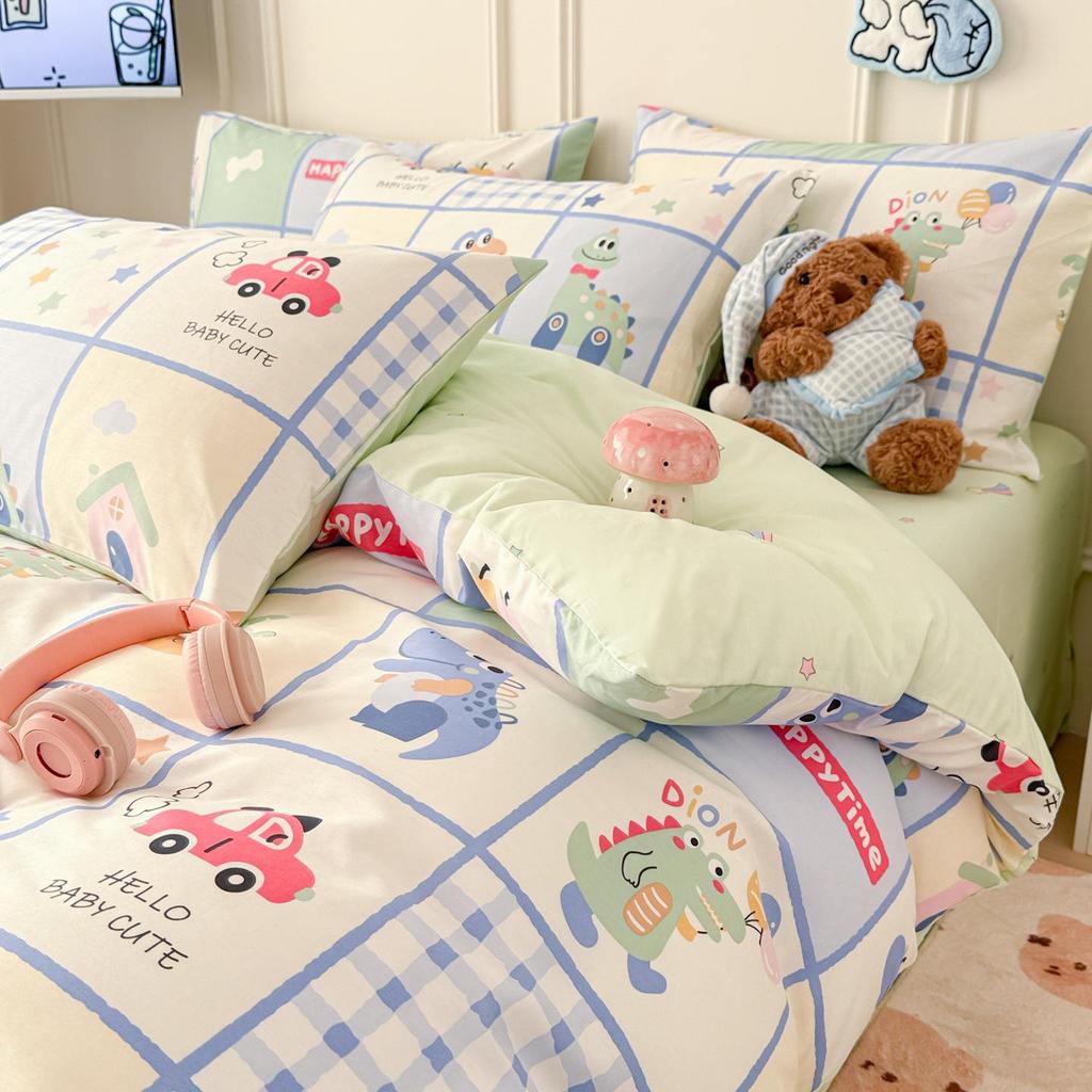 Bavlněné povlečení s kresleným potiskem na jaro a léto: Měkké, Šetrné k pokožce, Svieží styl, 4dílné.