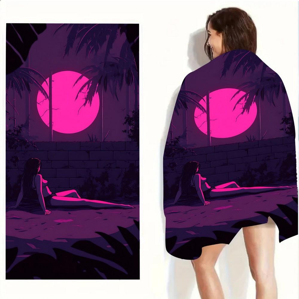 

Vaporwave Sunset Girl Beach Towel Patterned Sunscreen And Windproof Suitable For Swimming Pool Camping Travel Blanket W30*H60(CM)