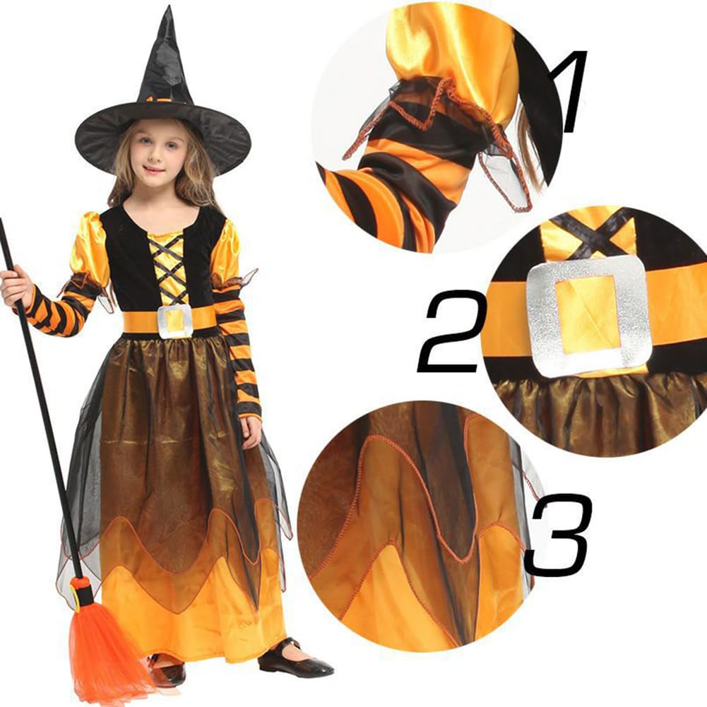 [mxcgzl] Kids' Halloween Witch Costume with Broom for Girls, Cute and Popular Costume for Cultural Festivals, School Festivals, and Events, Yellow