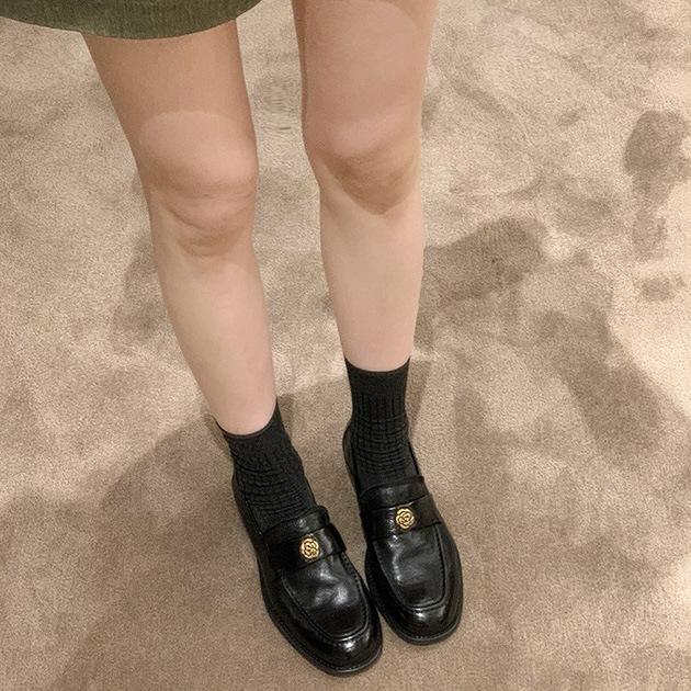 Cowhide~ Grape mother same camellia platform loafers women's genuine leather retro gold buckle versatile thick heel small leather shoes