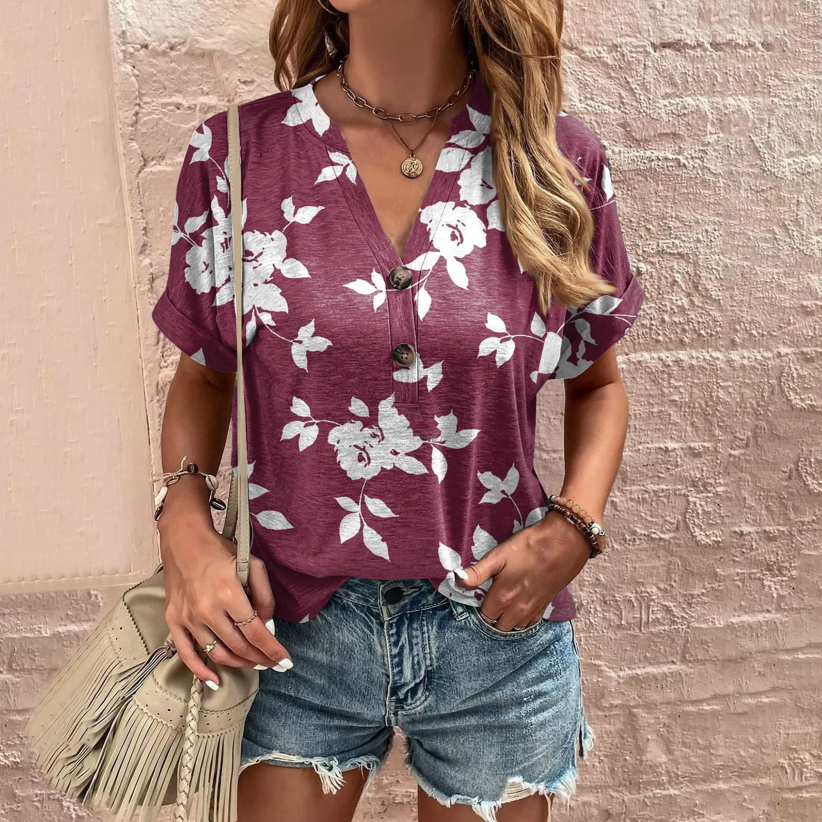 

Женская рубашка, блузка, пуговицы, винтажный принт, короткий рукав, повседневный базовый топ, пуловер XL винный