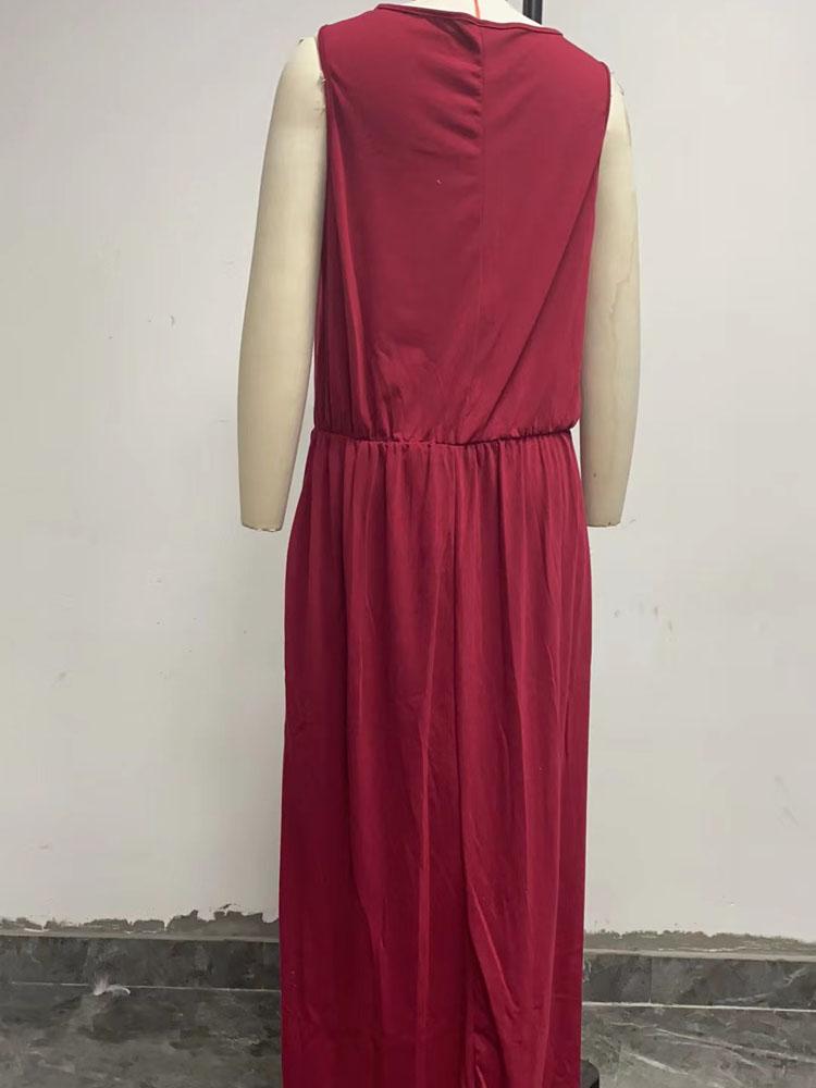 Rundhals Ärmelloses Kleid Schlitz Mehrfarbig Uni Lange Kleider Elegant Und Schön Damenkleider