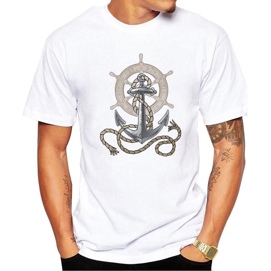 2019 Fashion Summer Mens Hipster ONeck Short Sleeve Sail Anchor Nautical Graphic Printed T Shirt Cool Tee Tops A035