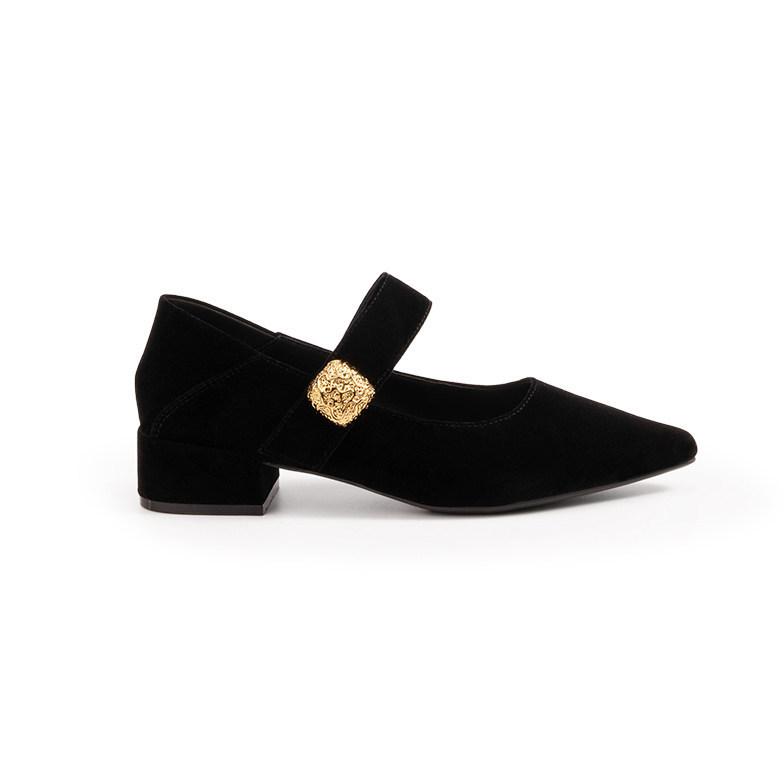 First encounter season thick heel~ elegant small pointed metal buckle word with velvet single shoes women 35