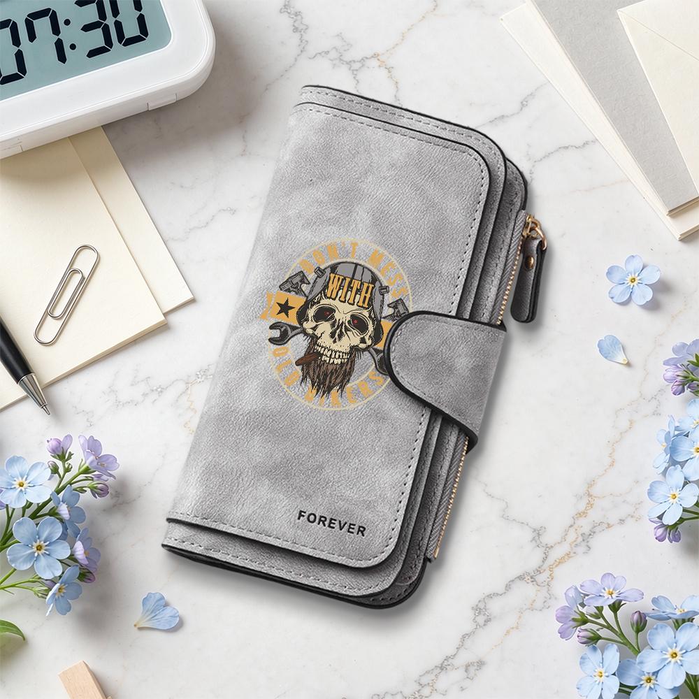 Vintage Biker Skull Long Wallet Multi Card Slots Zipper Purse