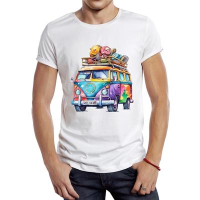 Koszulka męska z grafiką Vintage Malowany Campervan Pakowanie Idź na Kemping Odzież Sportowa Retro Camper Bus Topy Hipsterski T-shirt