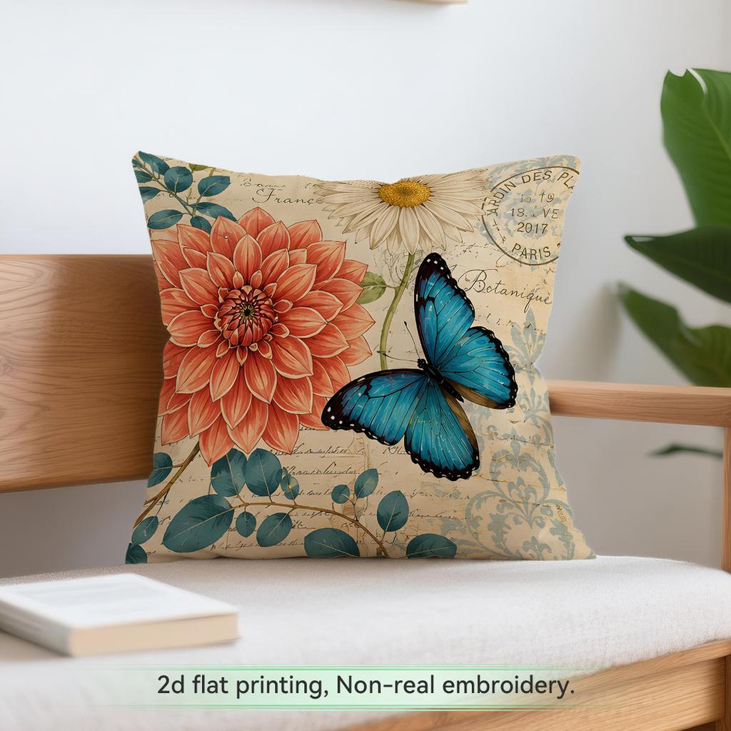 1 Vintage Stamp Butterfly Floral Cushions Pillowcase Polyester Cushion Cover Throw Pillow Pillowcover Home Car Sofa Decor