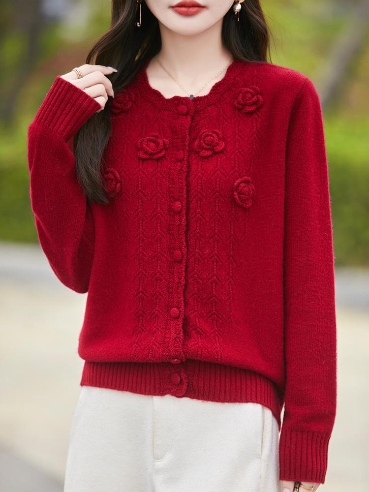 Handmade Pure Wool Hollow Out Knit Cardigan with Floral Design - Red, Autumn/Winter.