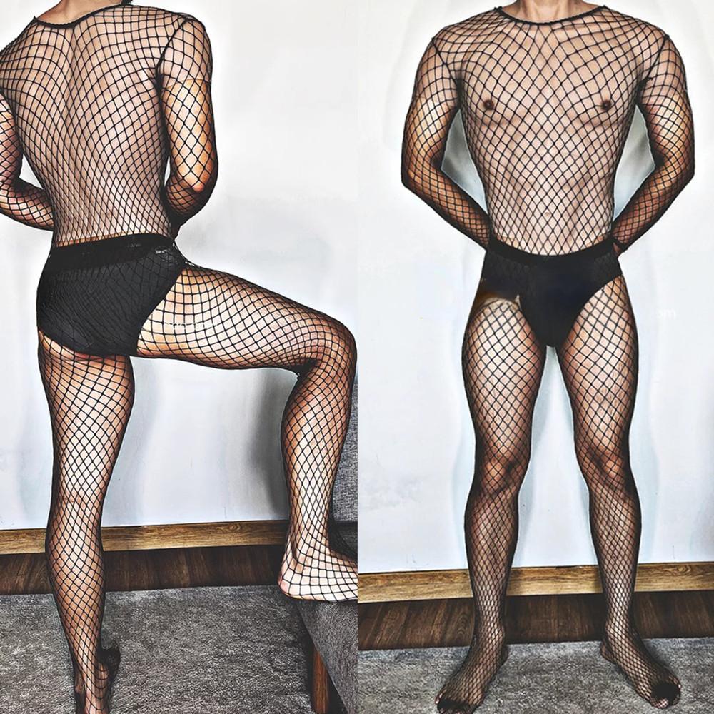Hot Male Bodystockings Men's Transparent Erotic Bodysuits O Neck Long Sleeve Bodysuit Erotic Boyfriend Underwear Sleepwear