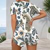 Women Plus Size White Blue Paisley Floral Printed V Neck Short Sleeve Button Front Fitted Romper