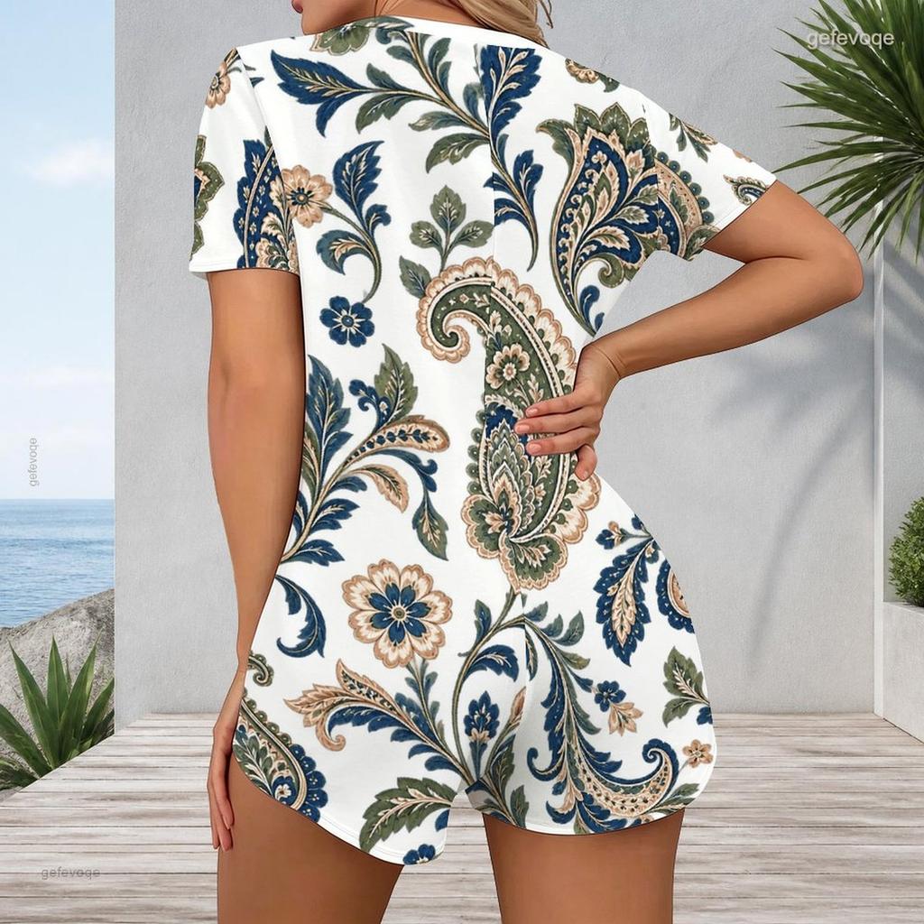 Women Plus Size White Blue Paisley Floral Printed V Neck Short Sleeve Button Front Fitted Romper