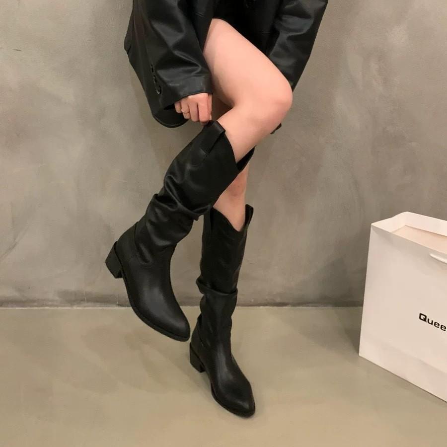 Tjock Klack Vintage Brun V-Mund Pile Mellanhöga Stövlar Damskor 2025 Sommar Spetsiga Western Cowboy Stövlar