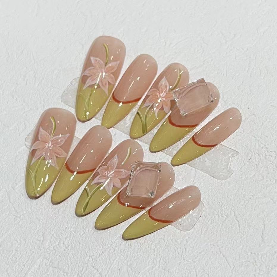 

Ношение брони с высококачественным чистым ручным нейл-артом, накладные ногти-патчи, фруктово-зеленый, французский квадратный бриллиант, расписанные вручную ногти, можно снимать Large L