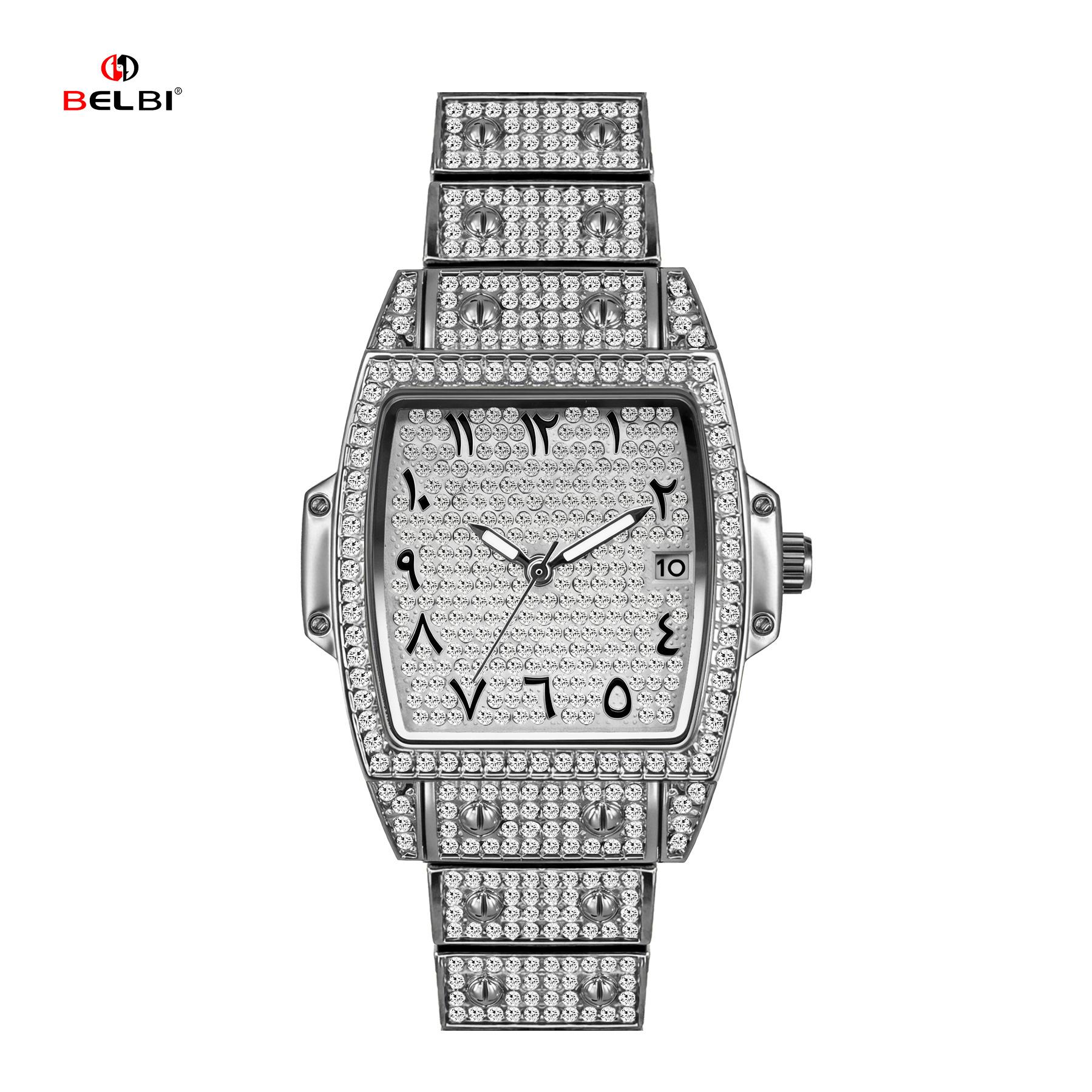 

Womens Full Crystal Quartz Watch Steel Strap Tonneau Barrel Watch Sate Waterproof Wristwatch for Men срібний