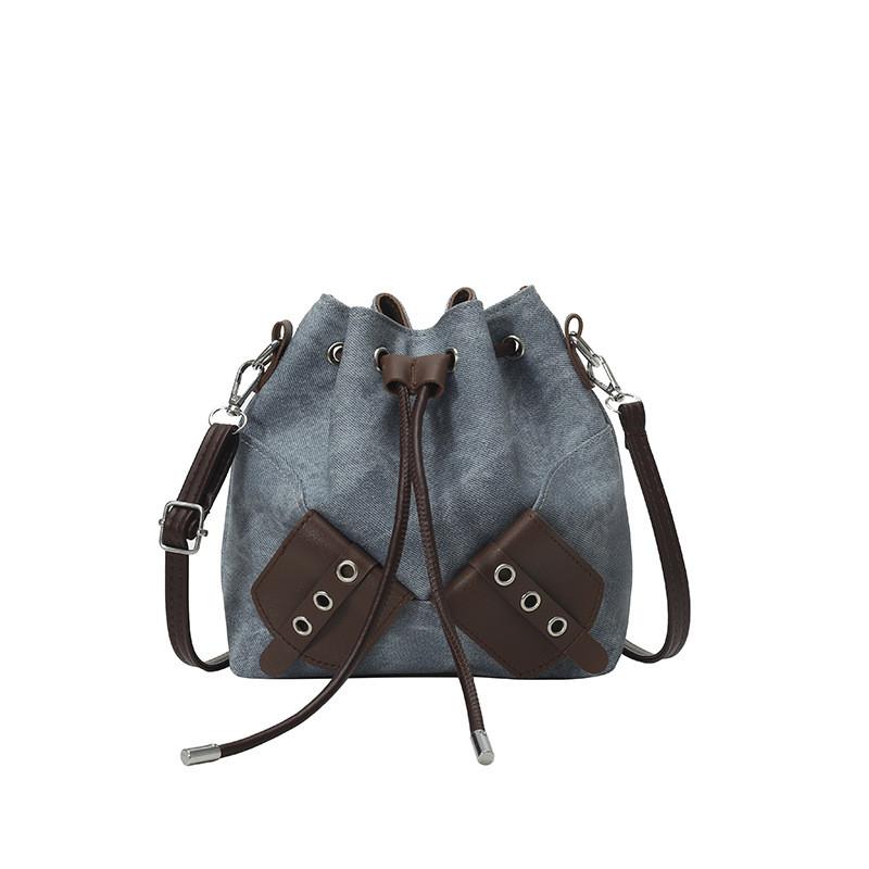 

Splicing Fashion Design Drawstring Women Casual Shoulder Bag For Daily Use Blue