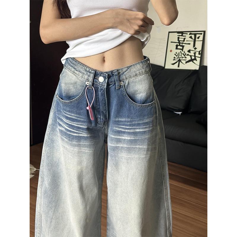 Amerikanische Straßenkatze Bart Jeans Damen Jahresalt Gewaschene Gerade Hose Gradueller Wechsel Design Weite Hosen
