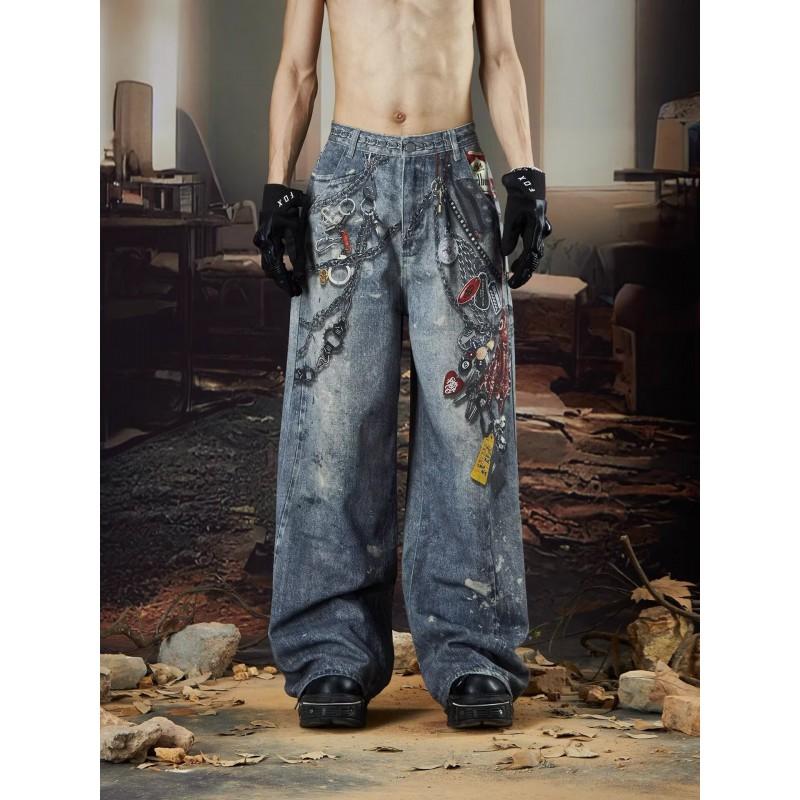 Herren Streetwear Gerade Bein Jeans mit 3D-Kettenprint Lockerer Schnitt Lässiger Hip-Hop-Stil Blaue Jeans S blau
