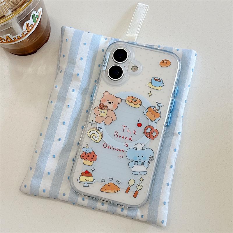 

Korean Style Magnetic Phone Case for iPhone 17/16 Pro Max/15 Pro: Bread Chef Elephant Bear Design iPhone 17