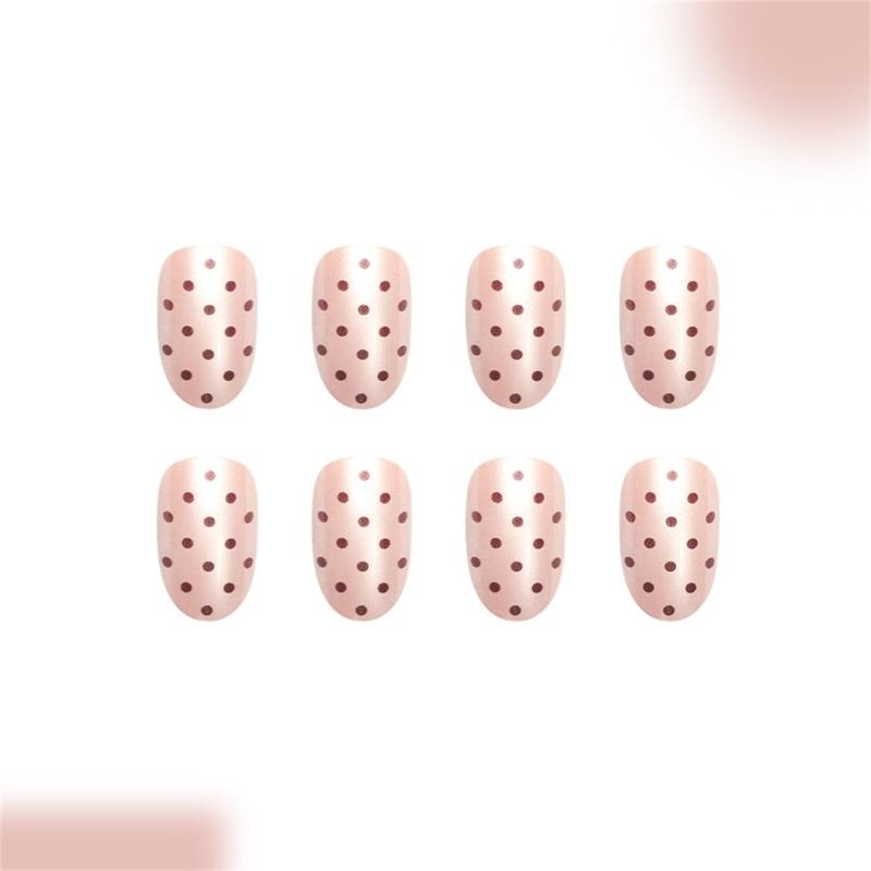 24 Pieces Short False Nail Glossy Oval Coffee Dots Full Cover Press On Nail Fashion Nail Decoration for Daily Party Wear