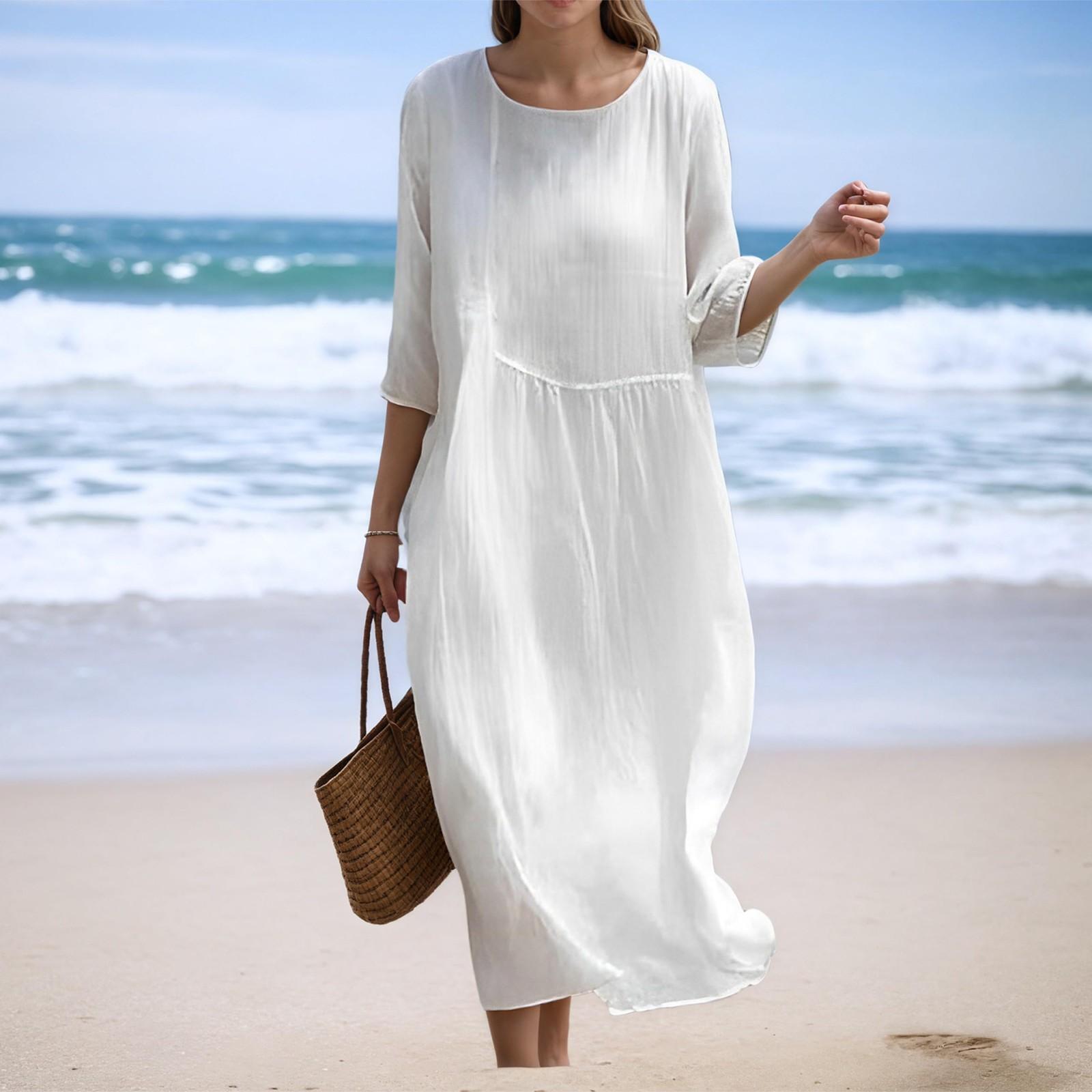 

Женское повседневное платье-футболка с рукавом 3/4 и круглым вырезом, летнее повседневное свободное пляжное платье для отпуска XL белый