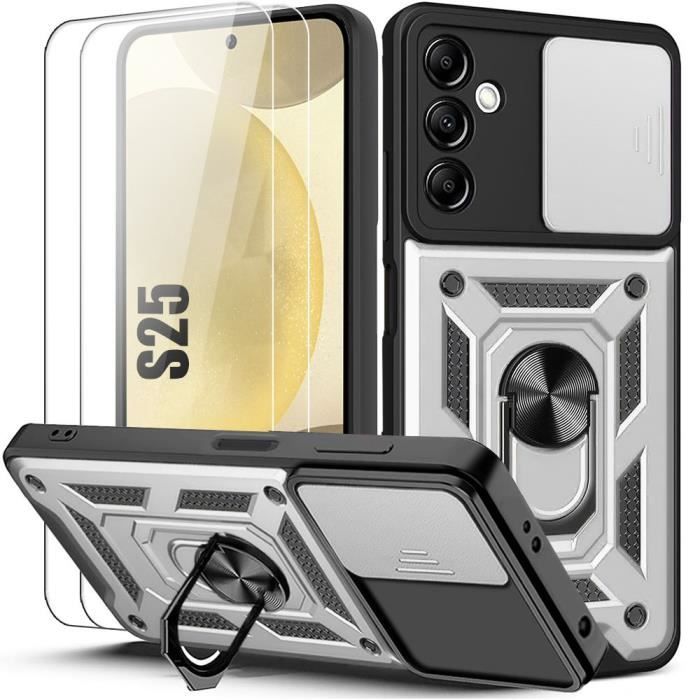 Coque + 2 Verres Trempés pour Samsung Galaxy S25, Bumper Rigide Antichoc avec Support Arrière et Protection Caméra - Argenté