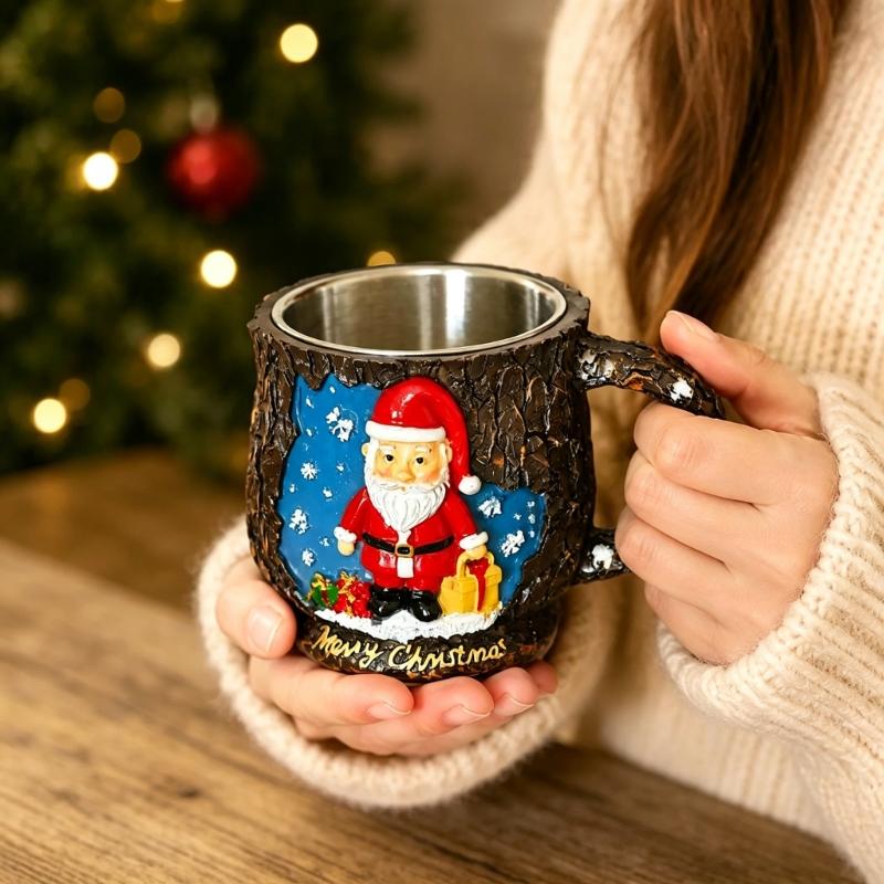 Christmas Tea Cup with Holiday Relief Pattern, Molded Shell, Metal Inner Cup for Gift Use and Winter Table Service