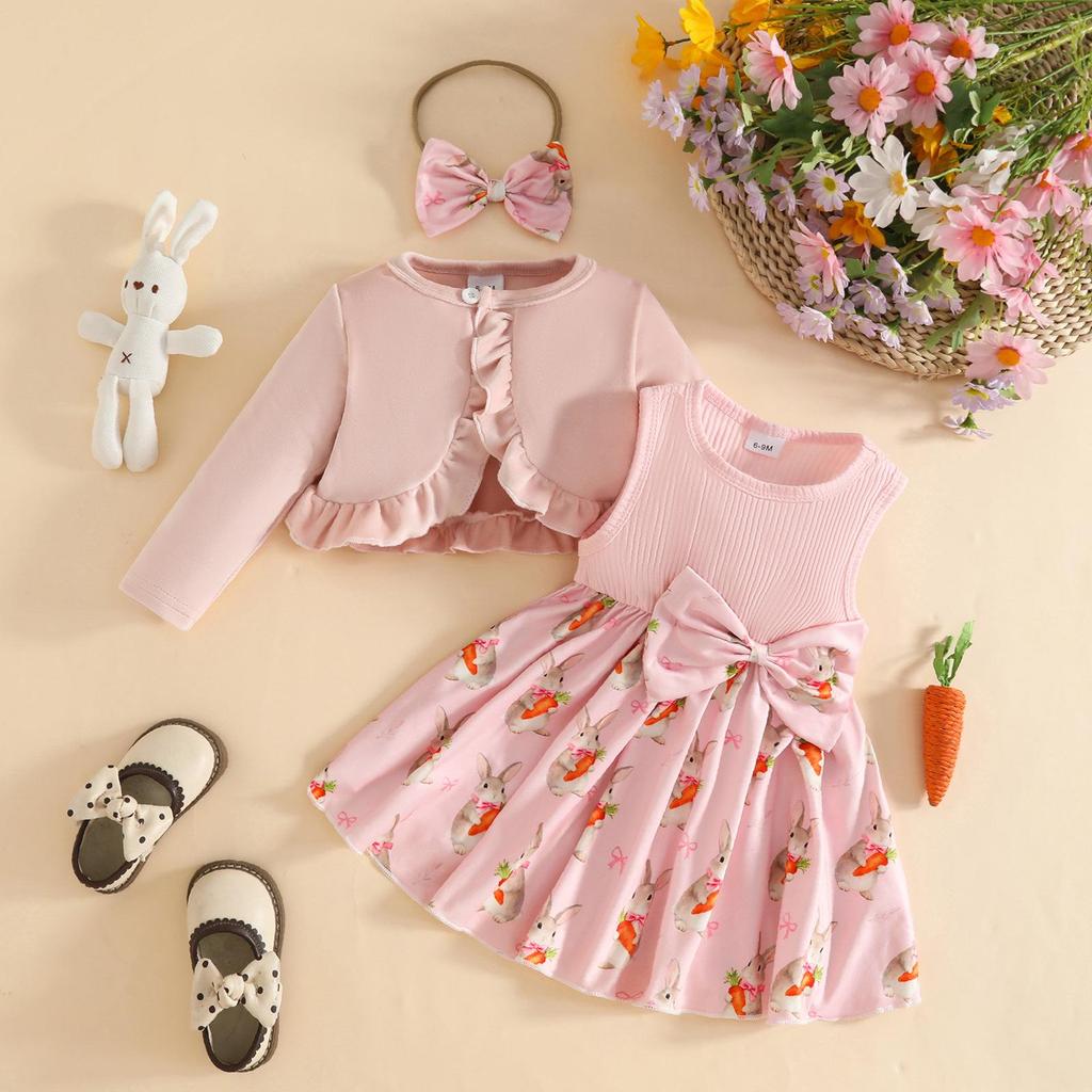Nuovo Set Vestito di Pasqua per Bambina: Vestito Cappotto Peluche e Gilet con Fiocco con Design Coniglio Carota