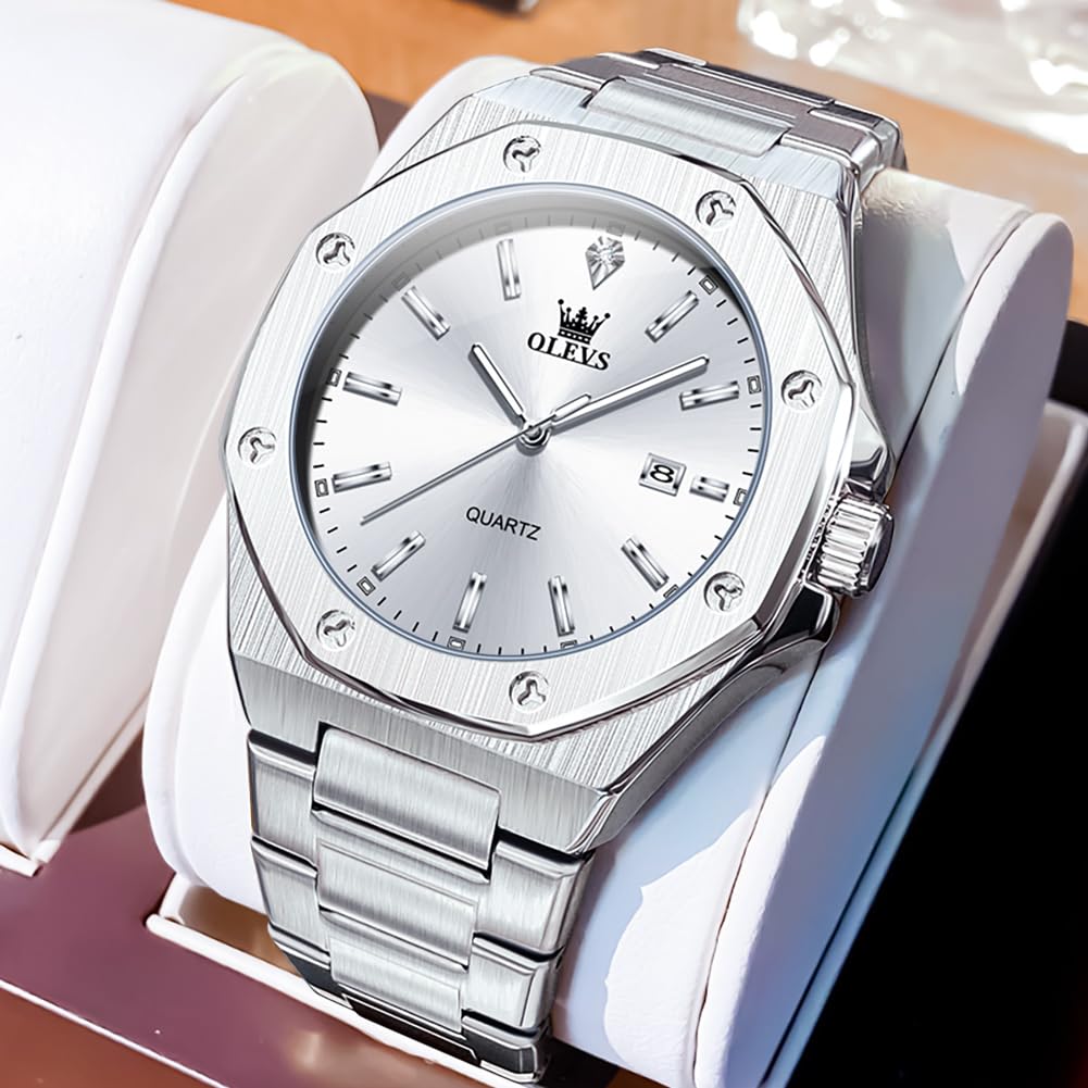 Octagonal Analog Quartz Olevs Stylish Stainless Steel Watch with Date Simple Suitable for and Job Large Metal Luminous Perfect As a Men's Watch,