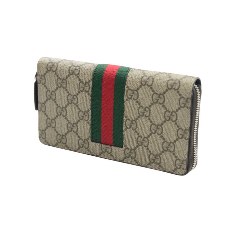 Gucci Vintage Logo Stripe Web Long Zipper Canvas And Leather Wallet Men Wallet Light-Brown 408831-KHN4N-9791