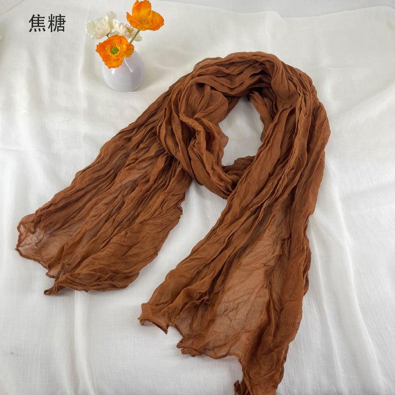Women Soft Breathable Cotton and Linen Scarves Solid Color Pleated Scarf Retro Bohemian Style Long Wraps 180*90cm Multi Color