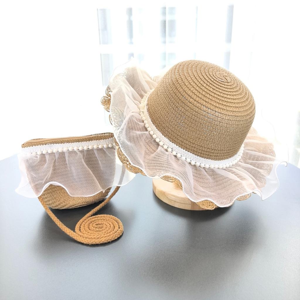 2Pcs Summer Children Beach Hats Crossbody Bag Set Lace Sun Wide Brim Straw Hat Sunshade Fisherman Hat Hat And Shoulder Bag