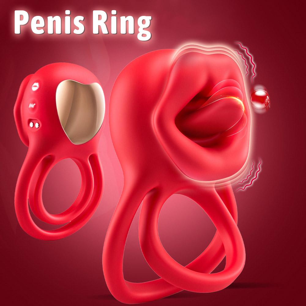 Vibrating Cock Ring Penis Ring Vibrator Clitoral Stimulator with Tongue Licking Adult Couples Sex Toys for Men Women Anal Nipple